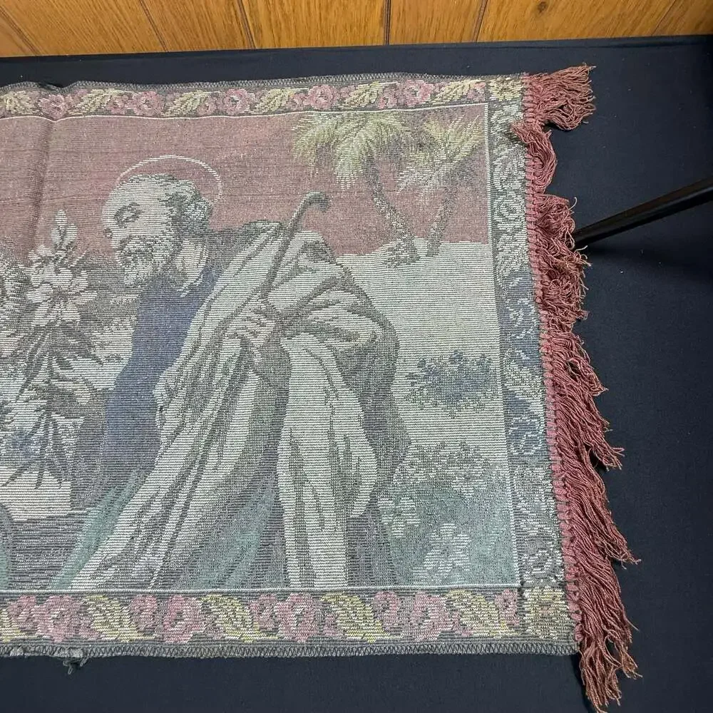 Vintage Holy Family Religious Woven Tapestry Wall Hanging